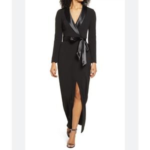 Eliza J Womens Wrap Dress Solid Black Belted Midi Long Sleeve Surplice 18 New